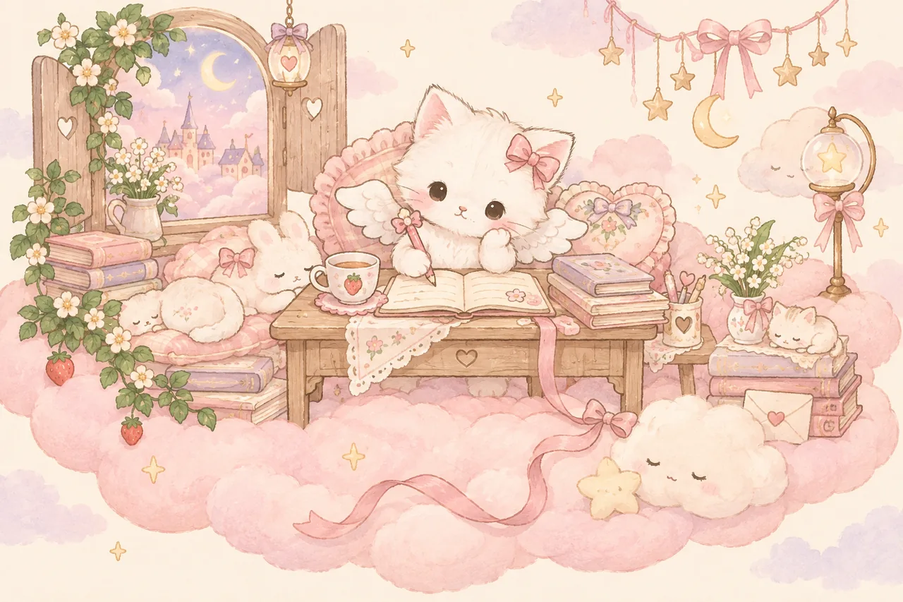 Un chaton ange prépare ses révisions dans un cocon rose.
